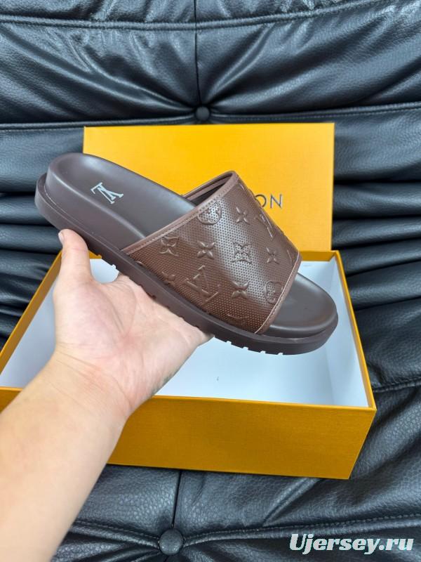 2025 Men Louis Vuitton Brown Leather Slippers AS00170