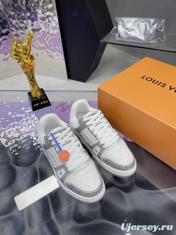 2025 Unisex Louis Vuitton White Silver Leather Fabric Plimsolls Handcrafted Crystals AS00400