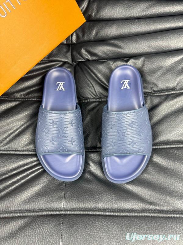 2025 Men Louis Vuitton Blue Leather Slippers AS00170