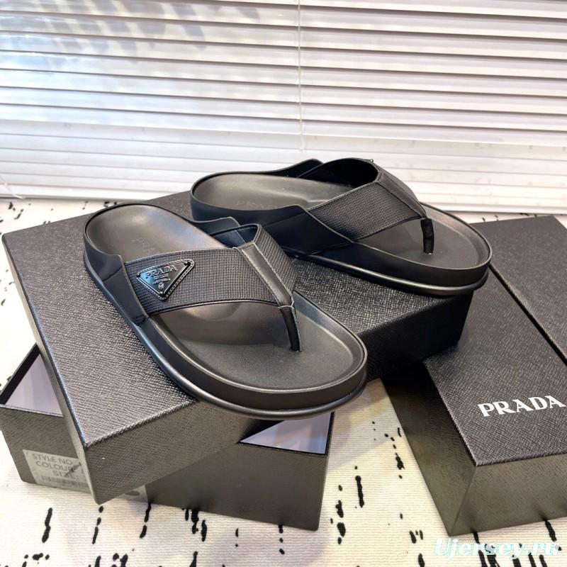 2025 Men Prada Black Fabric Leather Sandals Logo KFY00230