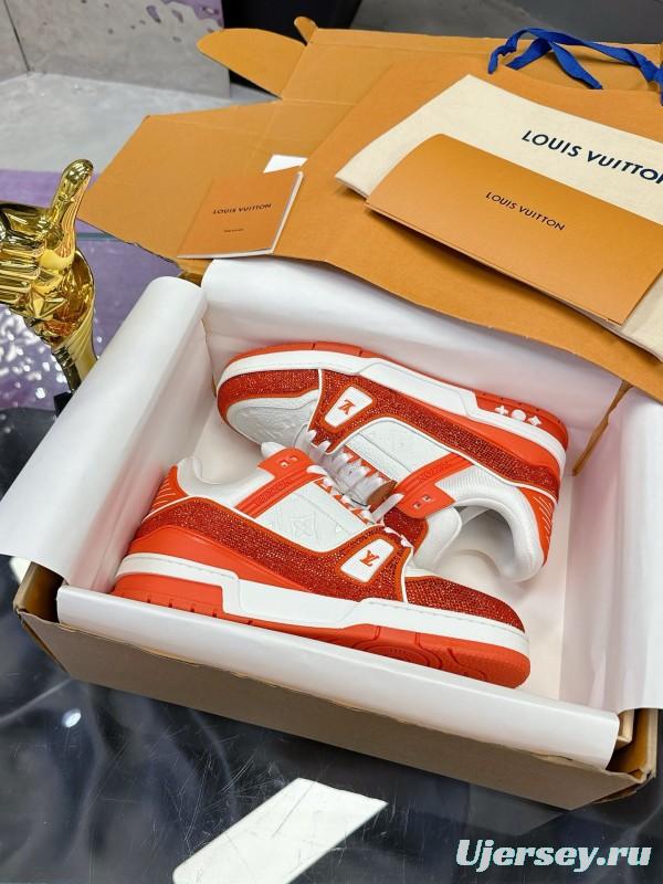 2025 Unisex Louis Vuitton Orange White Leather Plimsolls Handcrafted Rhinestones AS00400