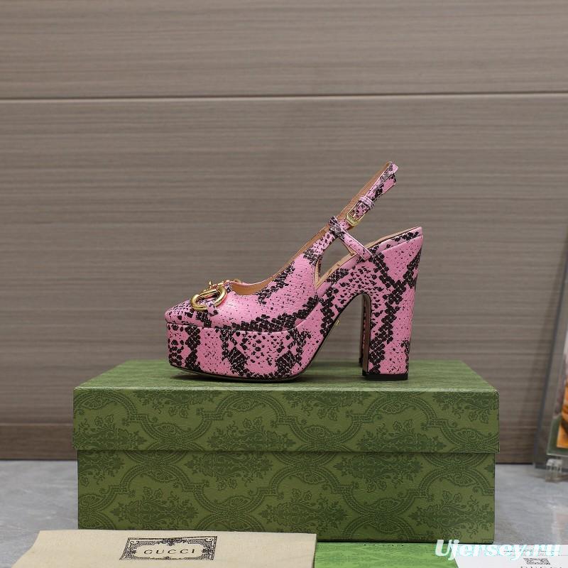 2025 Women Gucci Pink Black Leather Platform High Heels KFY00320