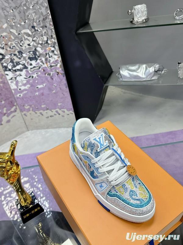 2025 Unisex Louis Vuitton Blue Yellow White Leather Denim Plimsolls Handcrafted Rhinestone AS00400