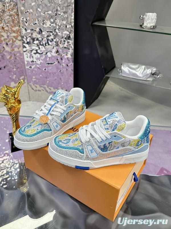 2025 Unisex Louis Vuitton Blue Yellow White Leather Denim Plimsolls Handcrafted Rhinestone AS00400