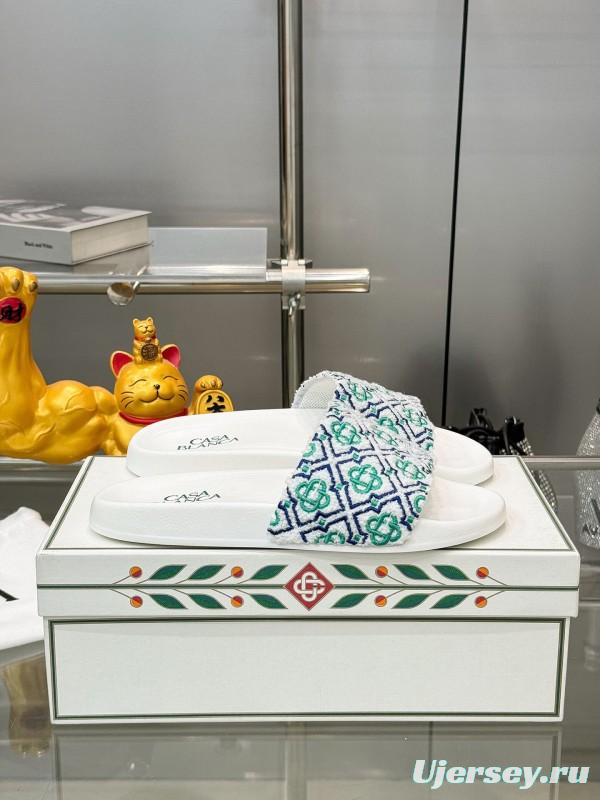 2025 Men CASA BLANCA White Green Blue Embroidered Leather Slippers KFY00160