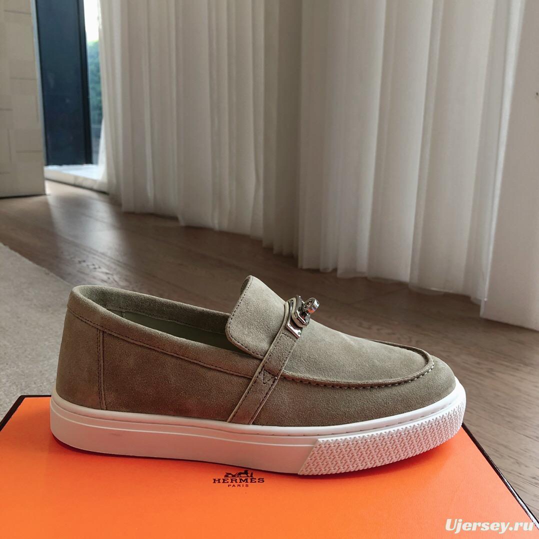2025 Unisex Hermès Khaki Suede Leather Loafers AS00380