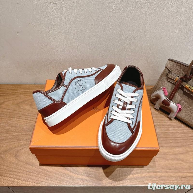 2025 Unisex H Brown Blue Leather Knit Sneakers AS00380