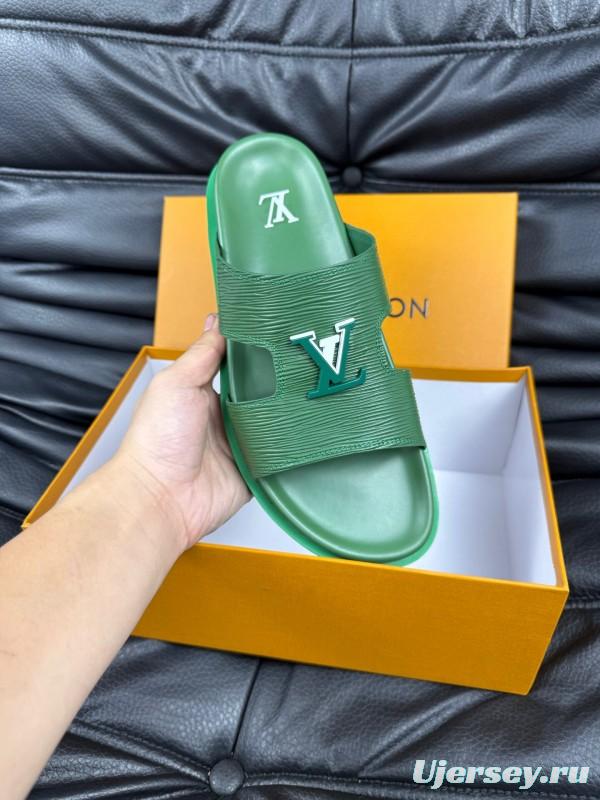 2025 Men Louis Vuitton Green Leather Slippers AS00170