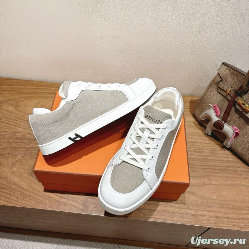 2025 Unisex Hermès White Light Grey Leather Fabric Sneakers AS00380