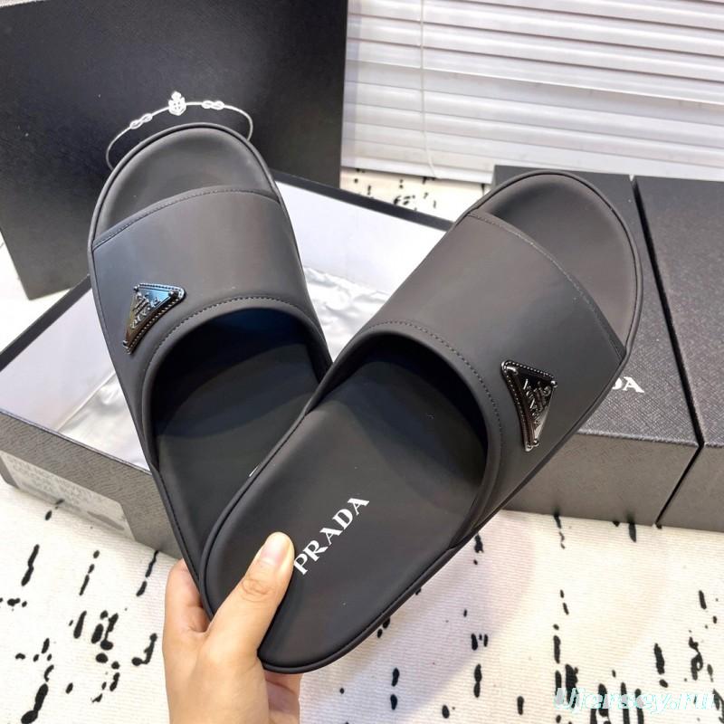 2025 Men Prada Black Fabric Slippers Logo KFY00230