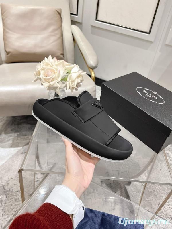 2025 Men Prada Black Leather Slippers KFY00220
