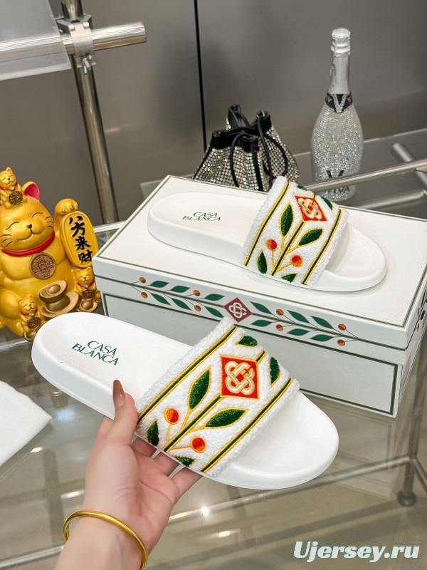 2025 Men CASA BLANCA White Green Red Embroidered Leather Slippers KFY00160