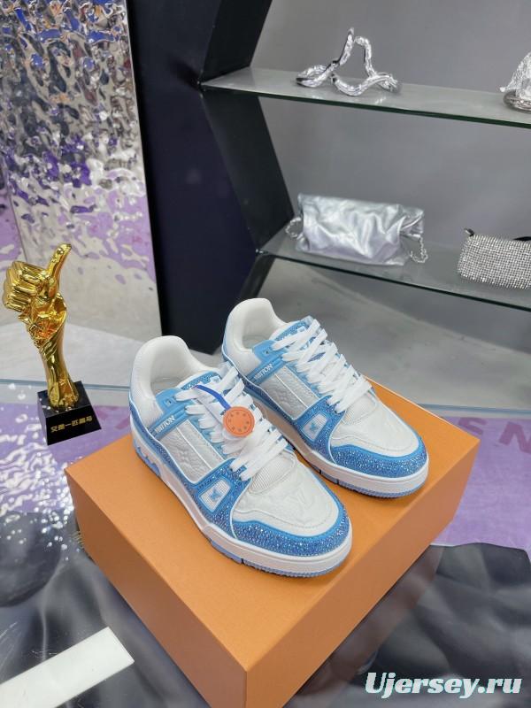 2025 Unisex Louis Vuitton Light Blue White Leather Denim Plimsolls Hand Drilled AS00400