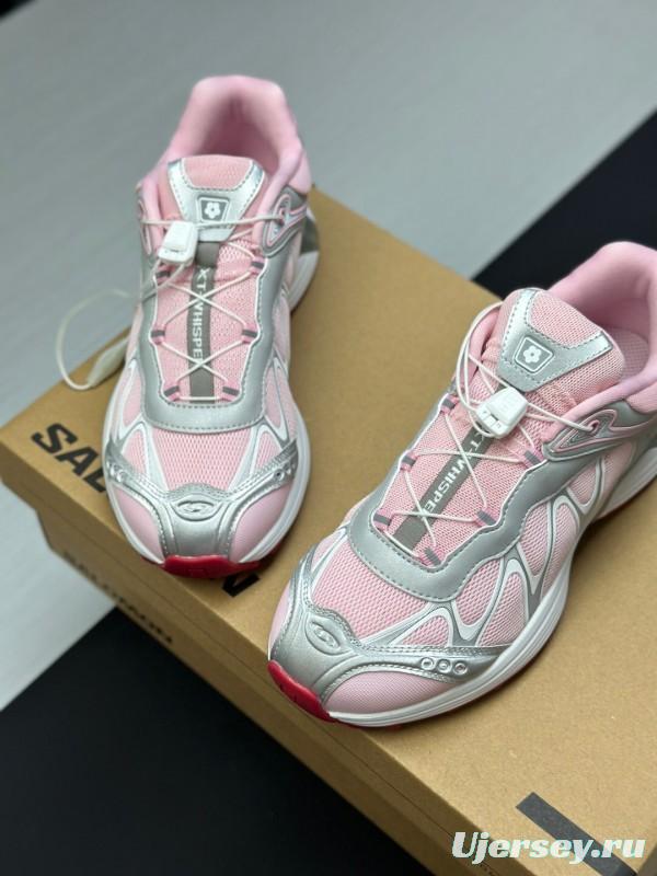 2025 Women SALOMON Pink White Leather Mesh Sneakers KFY00320