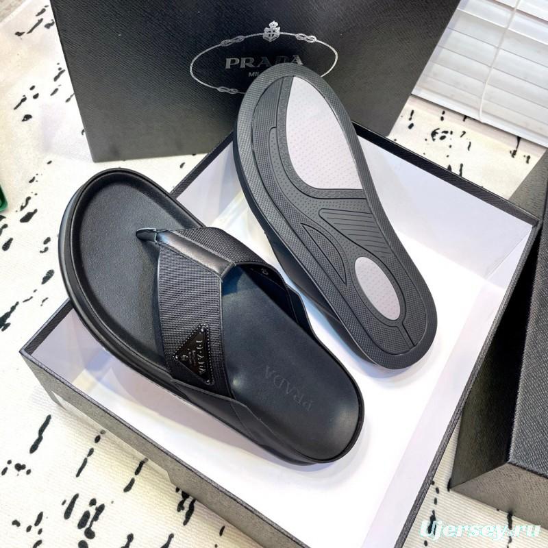 2025 Men Prada Black Fabric Leather Sandals Logo KFY00230