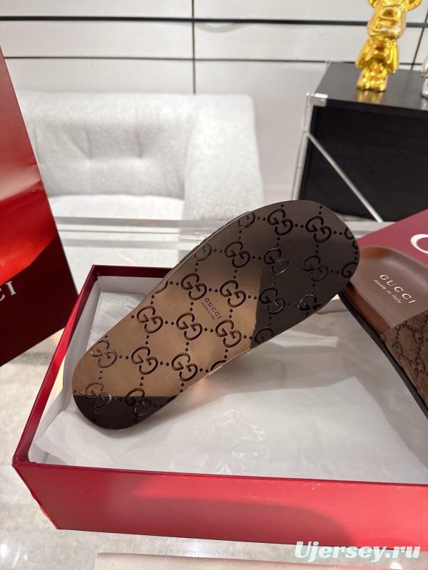 2025 Unisex Gucci Brown Leather Slippers Top Version AS00240