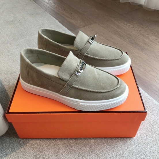 2025 Unisex Hermès Khaki Suede Leather Loafers AS00380