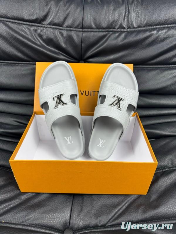 2025 Men Louis Vuitton White Leather Slippers AS00170