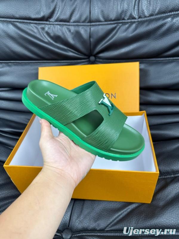 2025 Men Louis Vuitton Green Leather Slippers AS00170
