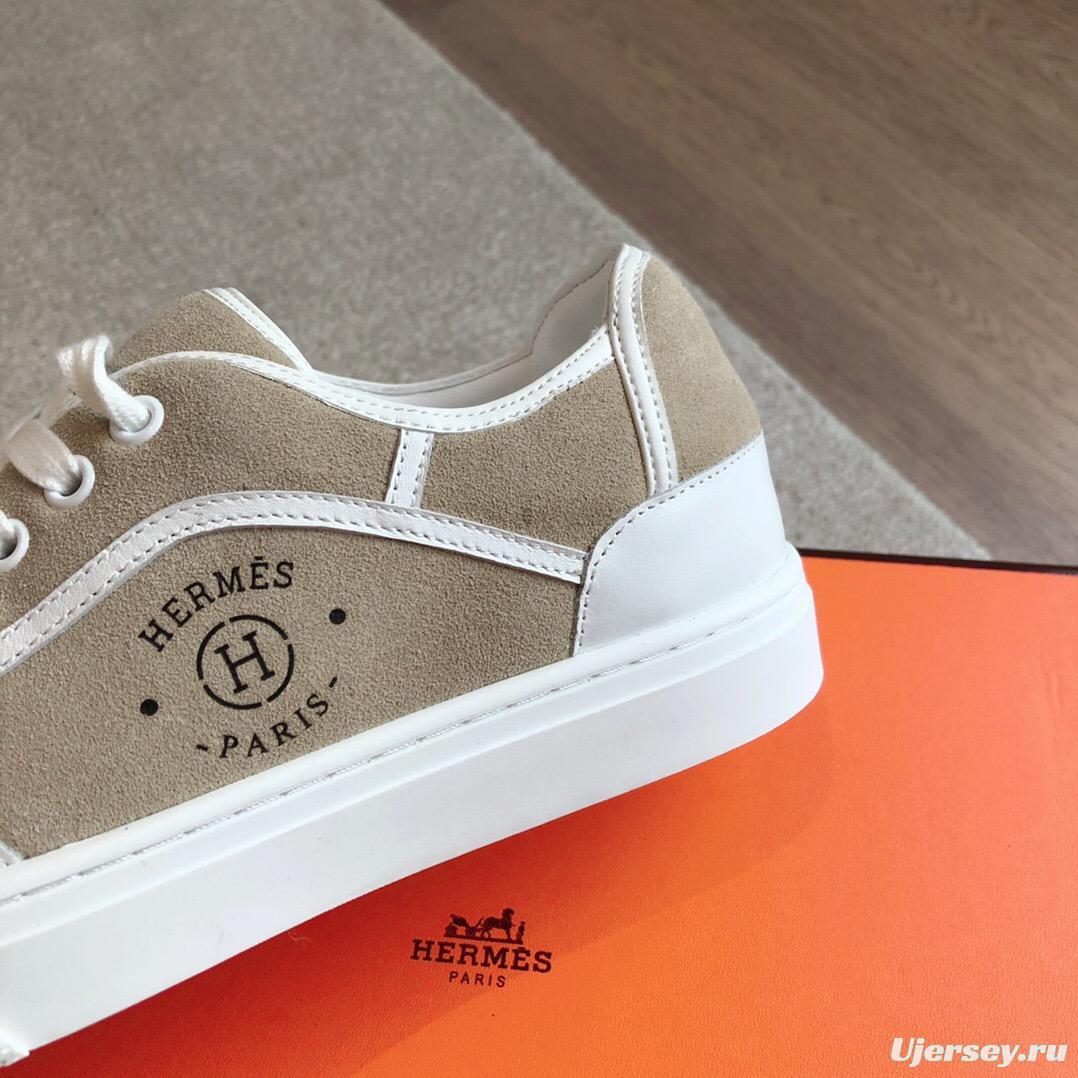 2025 Unisex Hermès Beige White Canvas Leather Sneakers AS00380