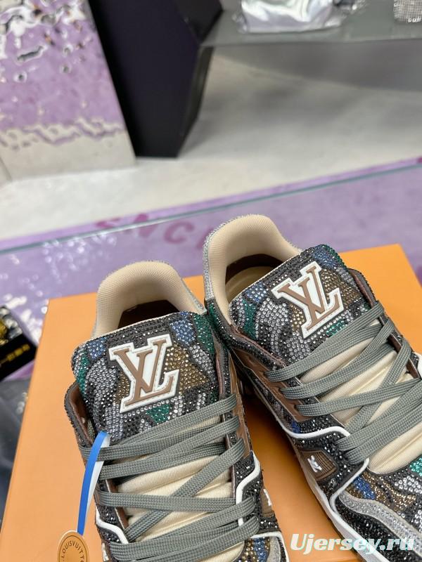 2025 Unisex Louis Vuitton Blue Grey Black Leather Fabric Sneakers Handcrafted Crystals AS00400