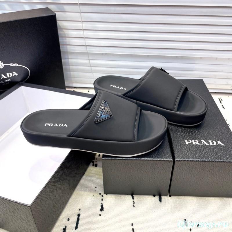 2025 Men Prada Black Fabric Slippers Logo KFY00230