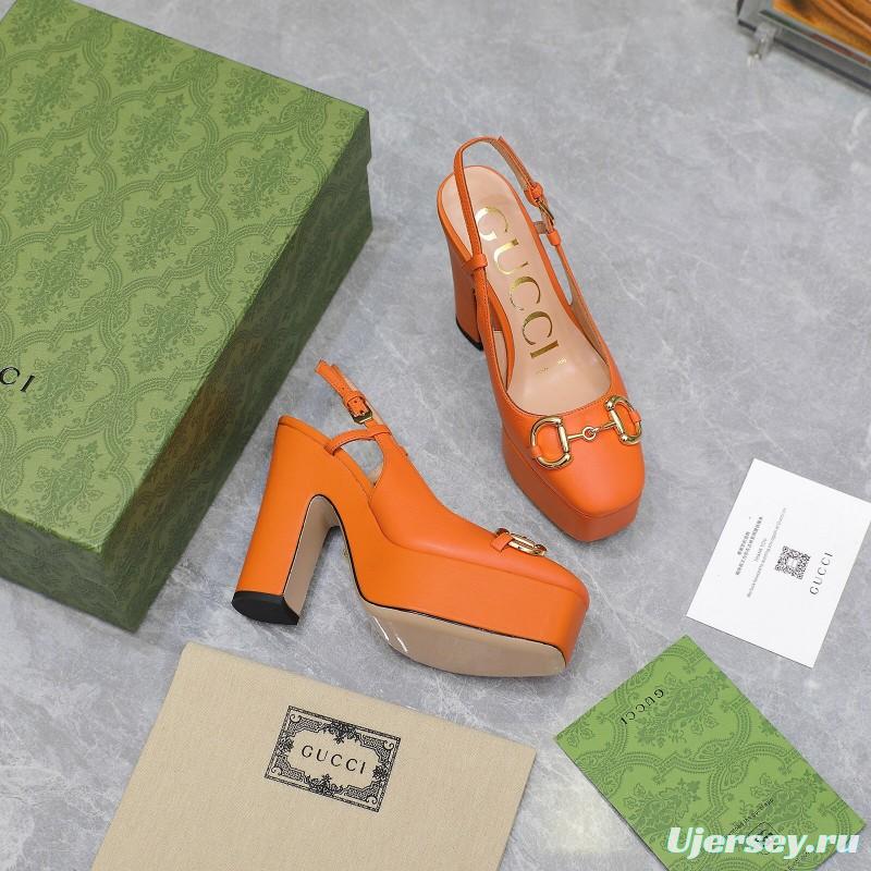 2025 Women Gucci Orange Leather Platform High Heels KFY00320