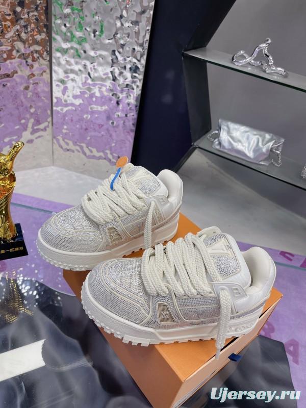 2025 Unisex Louis Vuitton White Crystal Leather Plimsolls Bing Bing AS00420