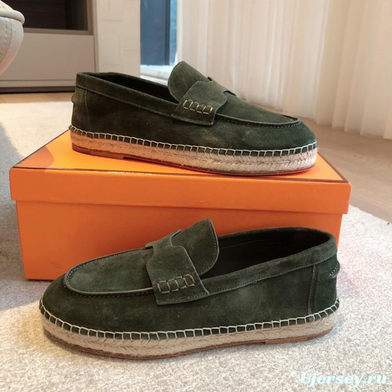 2025 Unisex Hermès Dark Green Suede Leather Loafers AS00380