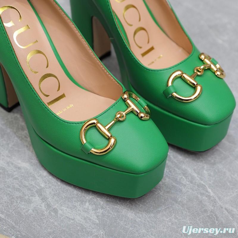 2025 Women Gucci Green Leather Platform Pumps KFY00320