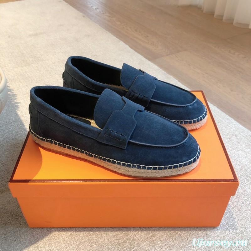 2025 Unisex Hermès Navy Blue Suede Calfskin Loafers AS00380