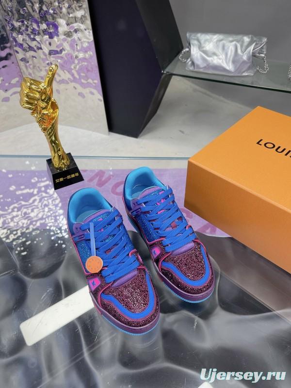 2025 Women Louis Vuitton Blue Purple Leather Fabric Plimsolls Handcrafted Rhinestones AS00400
