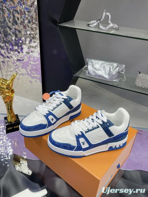 2025 Unisex Louis Vuitton Blue White Leather Plimsolls Handcrafted Beaded AS00400