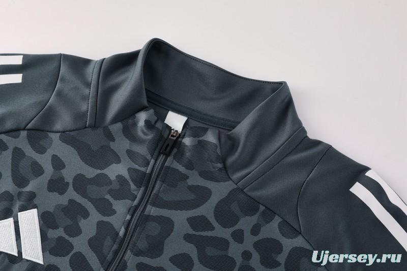 2025 Adidas Dark Grey & Black with Leopard Print Pattern and Orange Accents Half Zipper Jacket +Long Pants