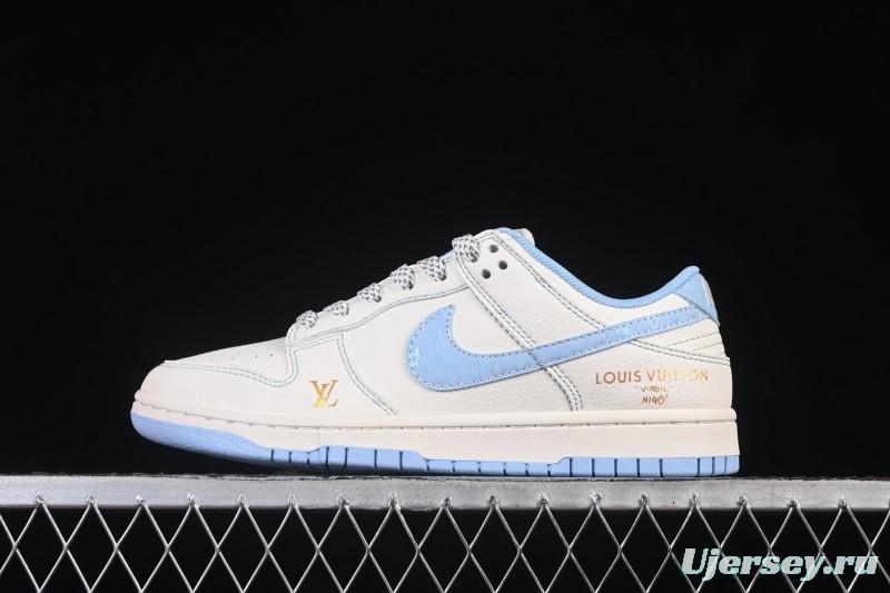 Nike SB Dunk Low LV Collaboration Off-White Ice Blue Gold Label Anniversary High-End Custom Low-Top Casual Skate Shoes - JP1628-005