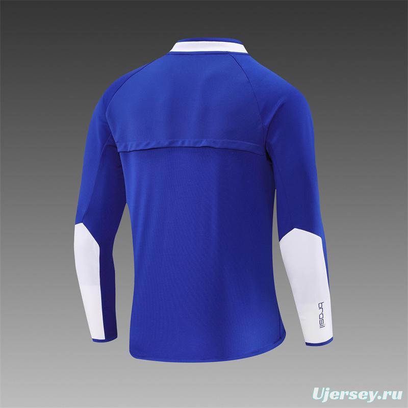 2002 Brazil Color Blue Half Zipper Jacket+Long Pants