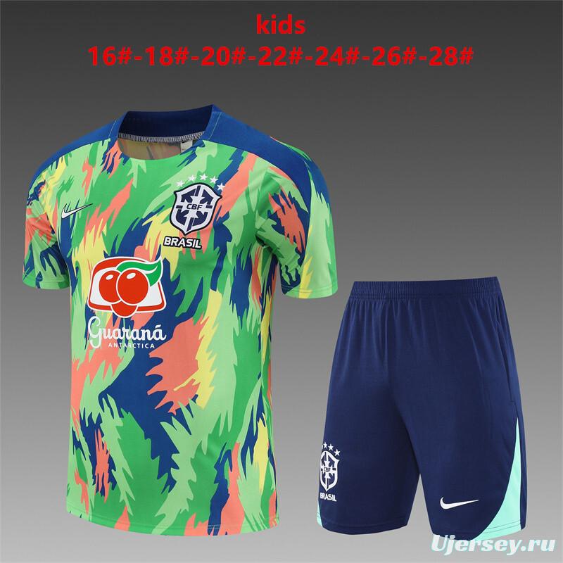 25/26 Kids Brazil Blue Green Camouflage Half Zipper Jacket+Long Pants