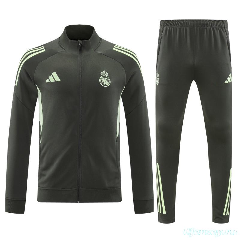 25/26 Real Madrid Dark Grey with Neon Green Stripes Half Zipper Jacket Tracksuit +Long Pants