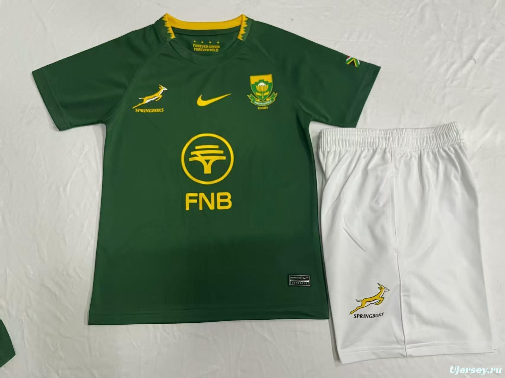 2026 Kids South Africa Home Springboks Green with Gold Trim Rugby Jersey
