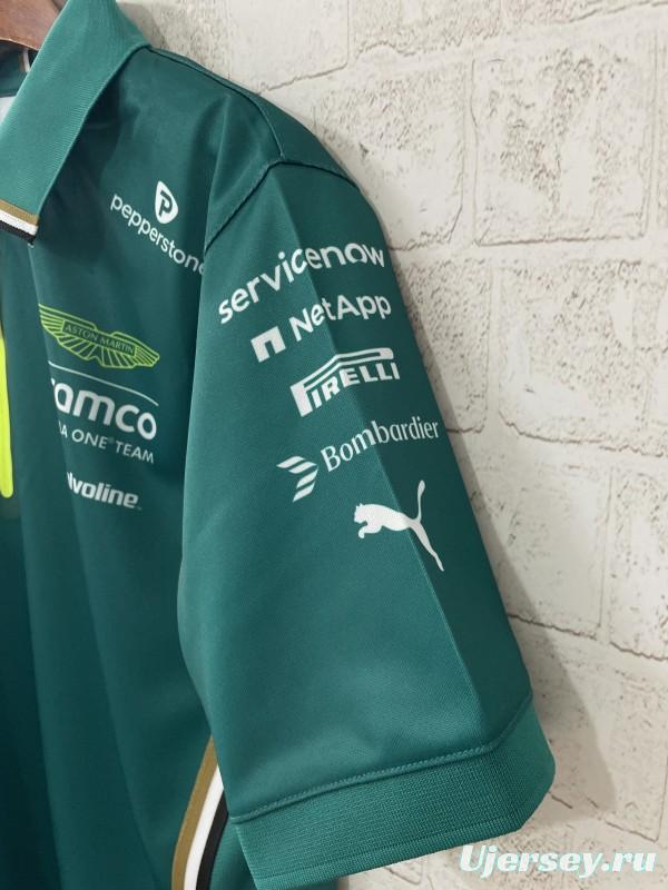 2025 F1 Aston Martin Aramco F1 Team Dark Green with Yellow Zipper Polo