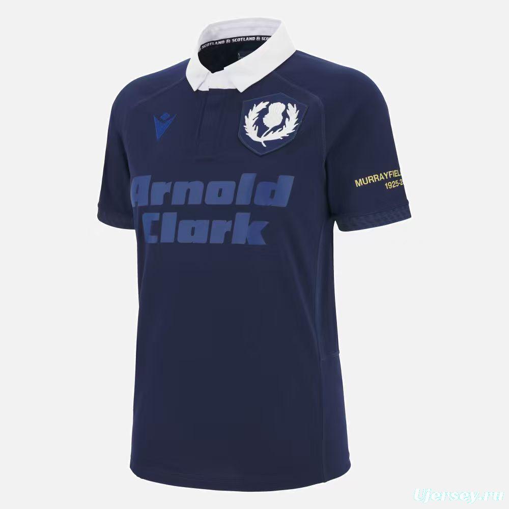 2025 Scotland Rugby  150th Anniversary Navy Blue with White Collar and Murrayfield Commemorative Detail Jersey
