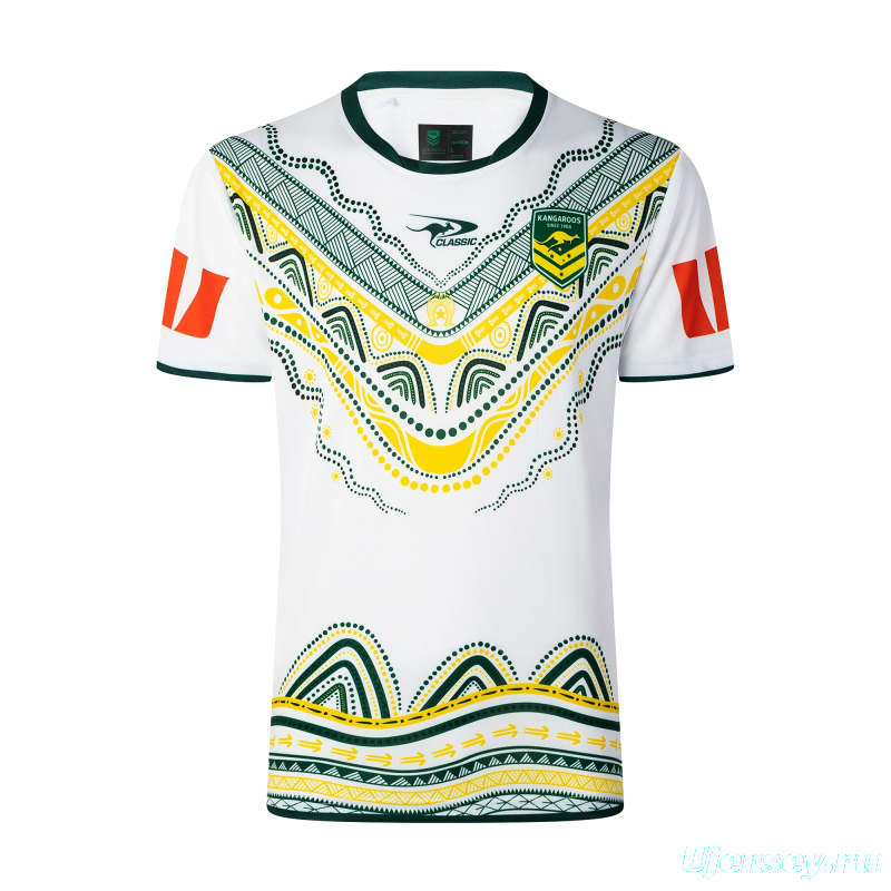 2026 Australia Kangaroos Away White with Green Trim and Indigenous Aboriginal Dot Art Pattern Jersey