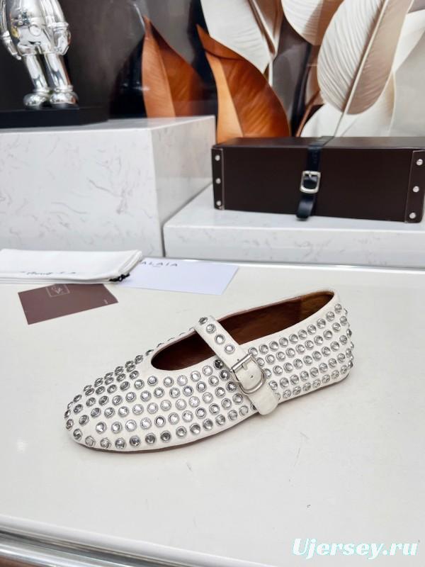 Alaia 2025/SS Crystal-Studded Ballet Flats with Built-in 0.8CM Height Increase - LY00340