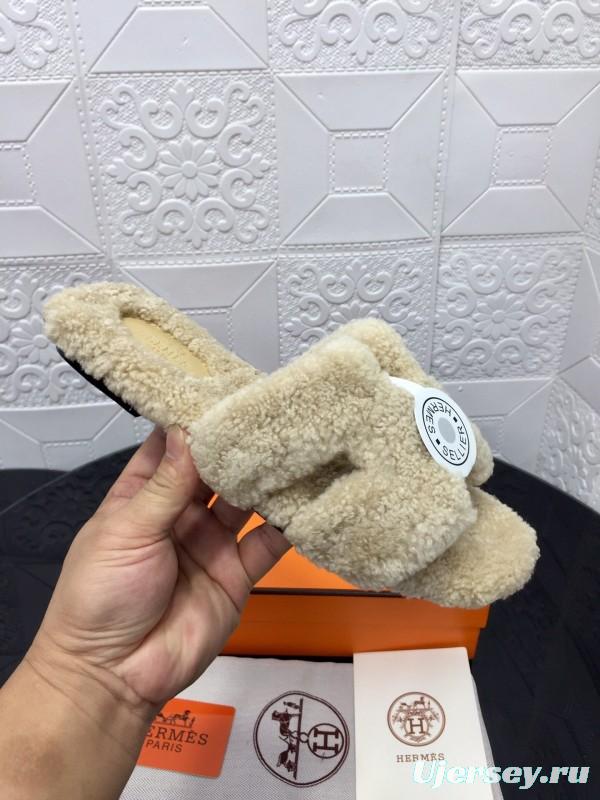 H Teddy Wool H Slippers Flat Sole Winter Home Shoes - LY00240