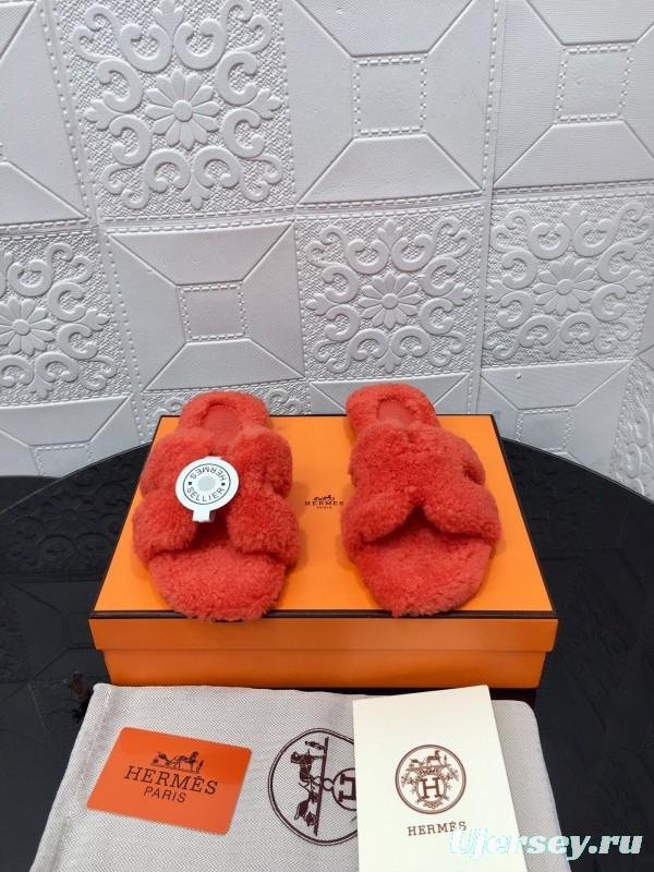 H Teddy Wool H Slippers Flat Sole Fur Slides - LY00240