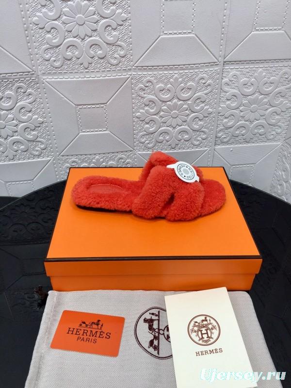 H Teddy Wool H Slippers Flat Sole Fur Slides - LY00240