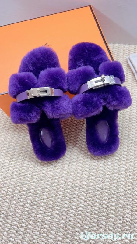 Hermès 2025/SS Teddy Wool H Slippers Flat Fur Slides - LY00260/230