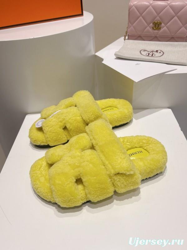Hermes Love Uncle Full Wool Slippers with Wavy Fur Design - LY00270