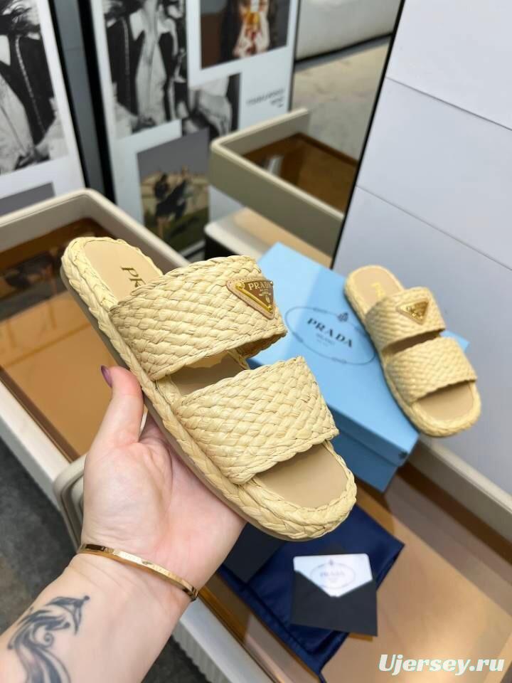 Prada 2025 SS Raffia Handwoven Open-Toe Sandals - KFY00260