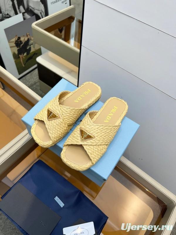 Prada Raffia Handwoven Cross Sandals 2025SS - KFY00260